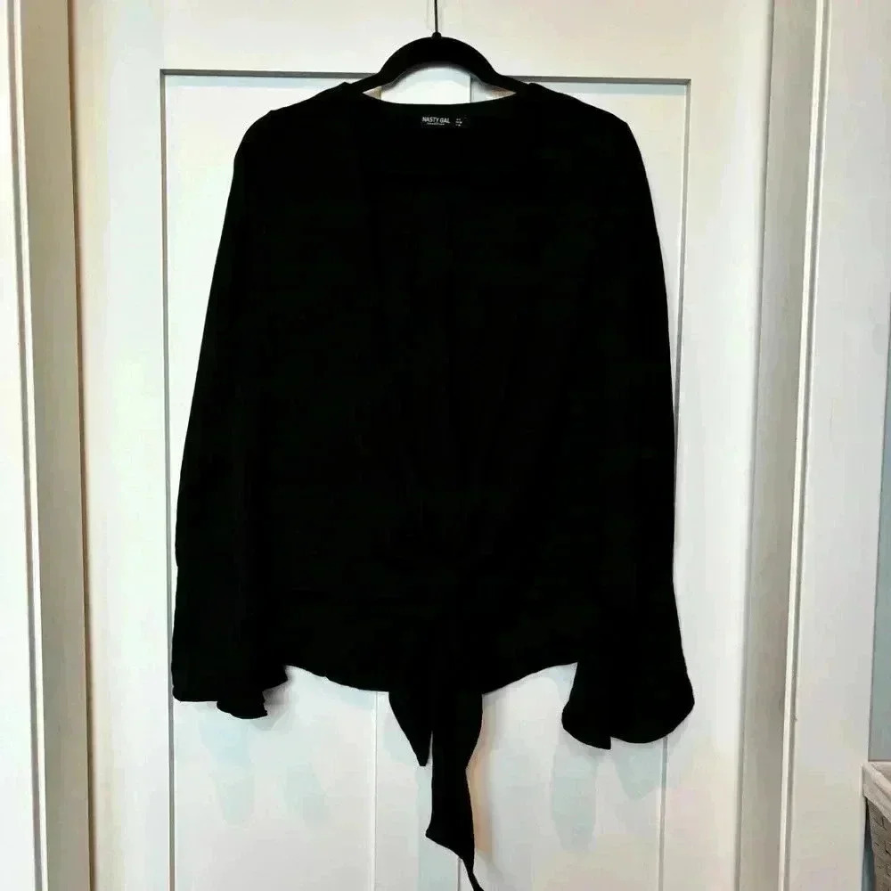 Nasty Gal Black tie front blouse with bell sleeves- Size 6